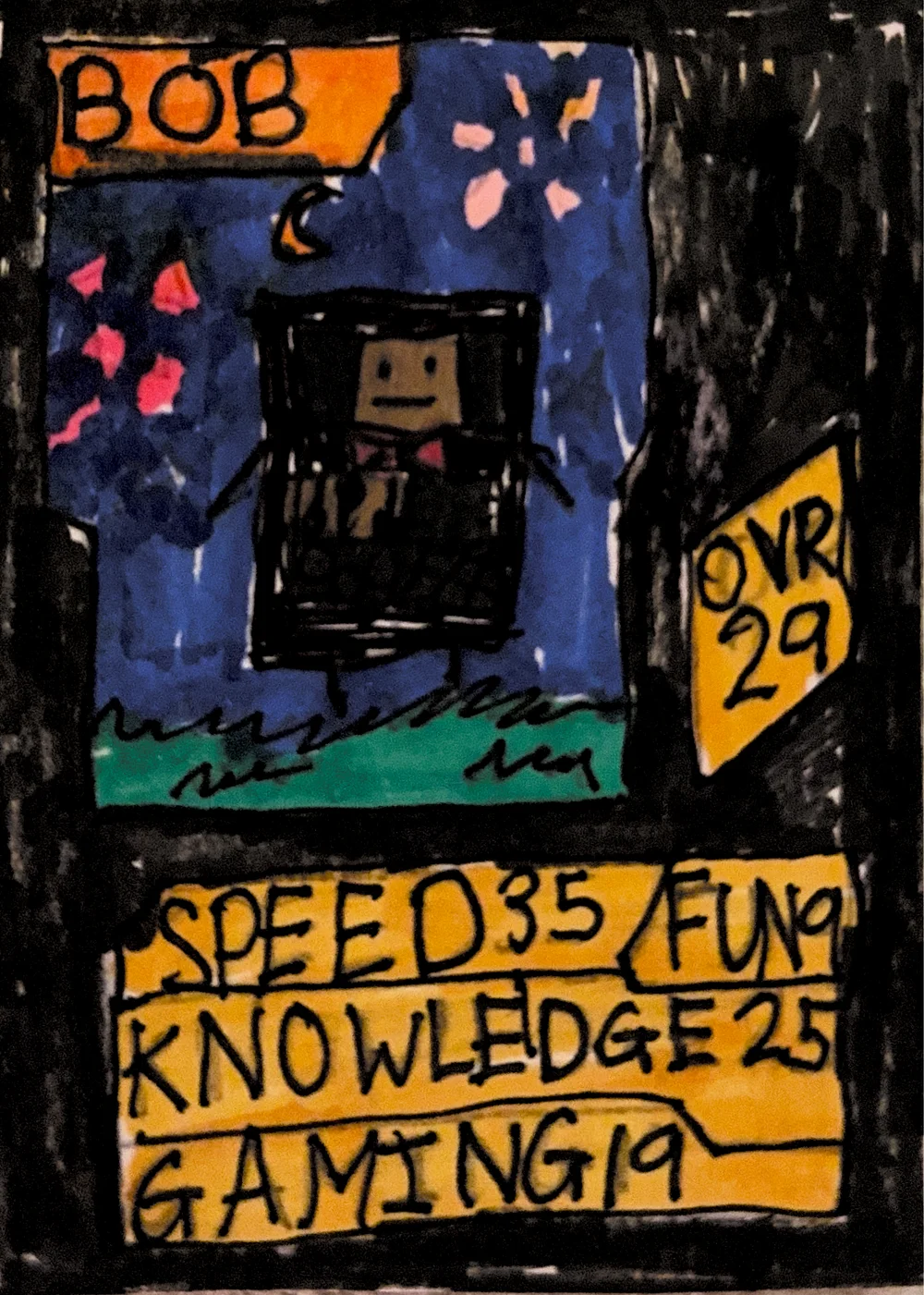 Bob character card artwork, a boxy robot-like character under a starry night sky