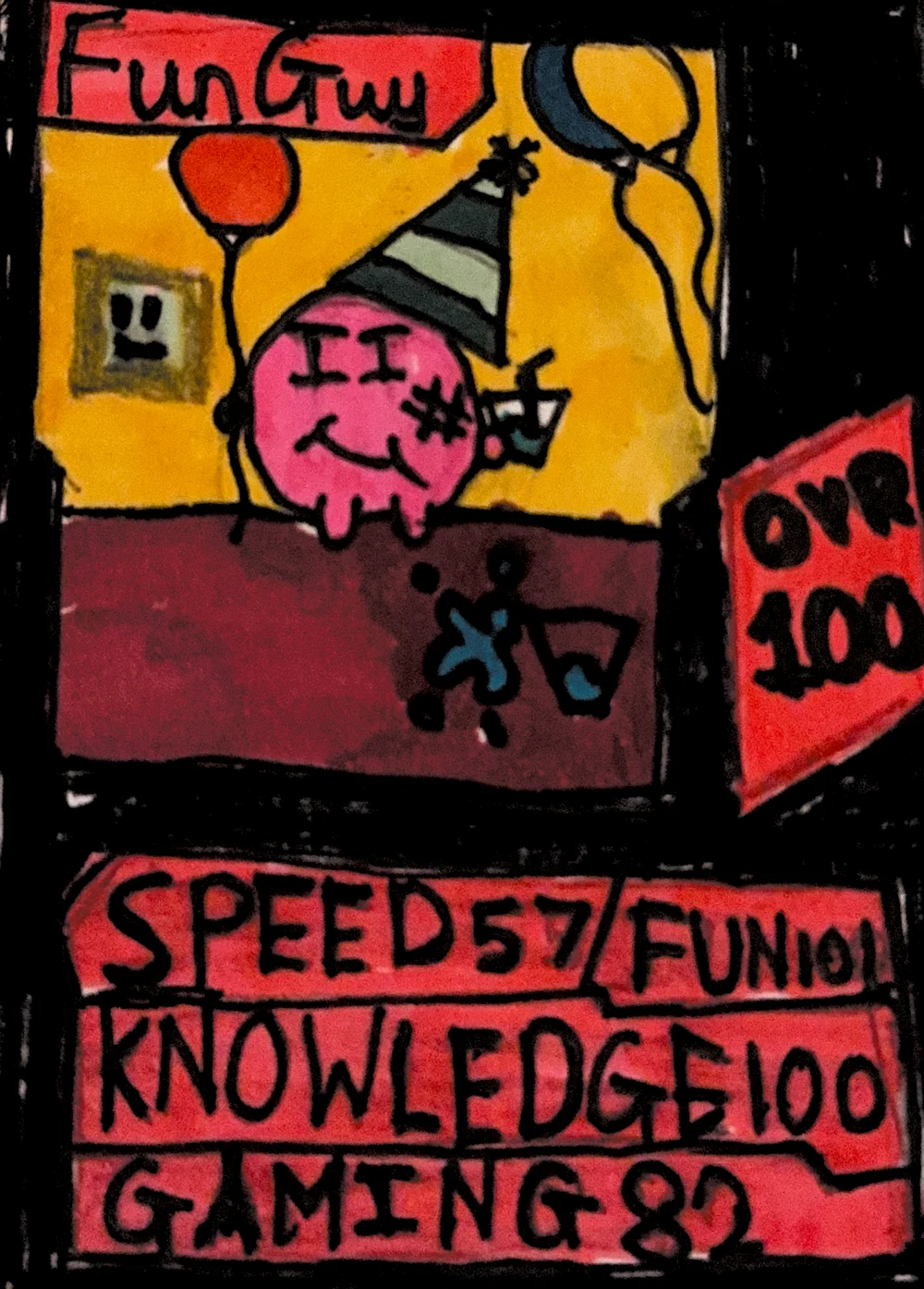 Fun Guy character card artwork, a pink round smiling character in a party hat